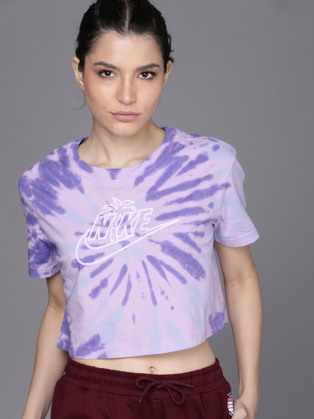 

Nike Women Purple Brand Logo Printed Loose Fit Pure Cotton Cropped T-shirt