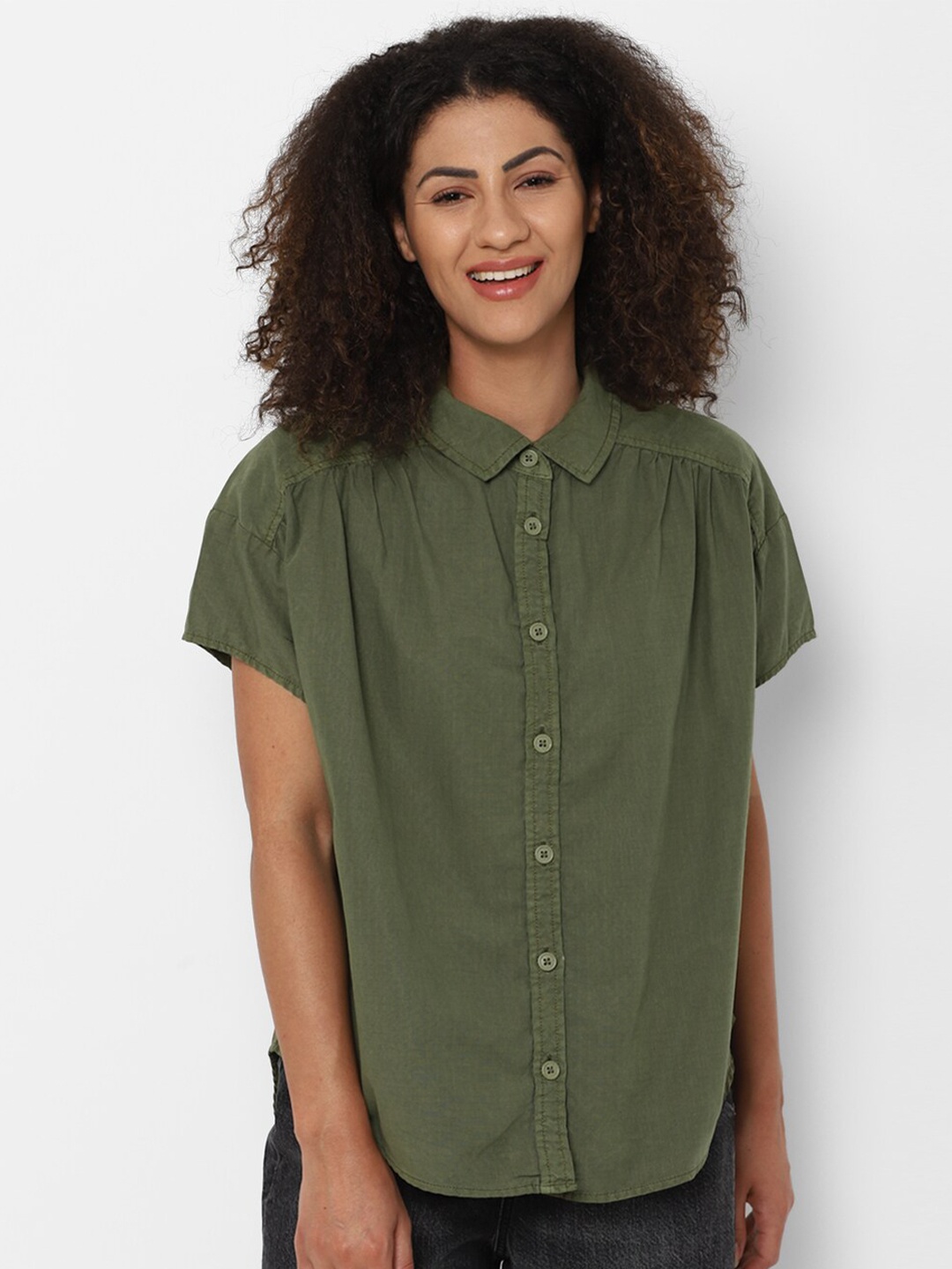 

AMERICAN EAGLE OUTFITTERS Women Olive Green Casual Shirt