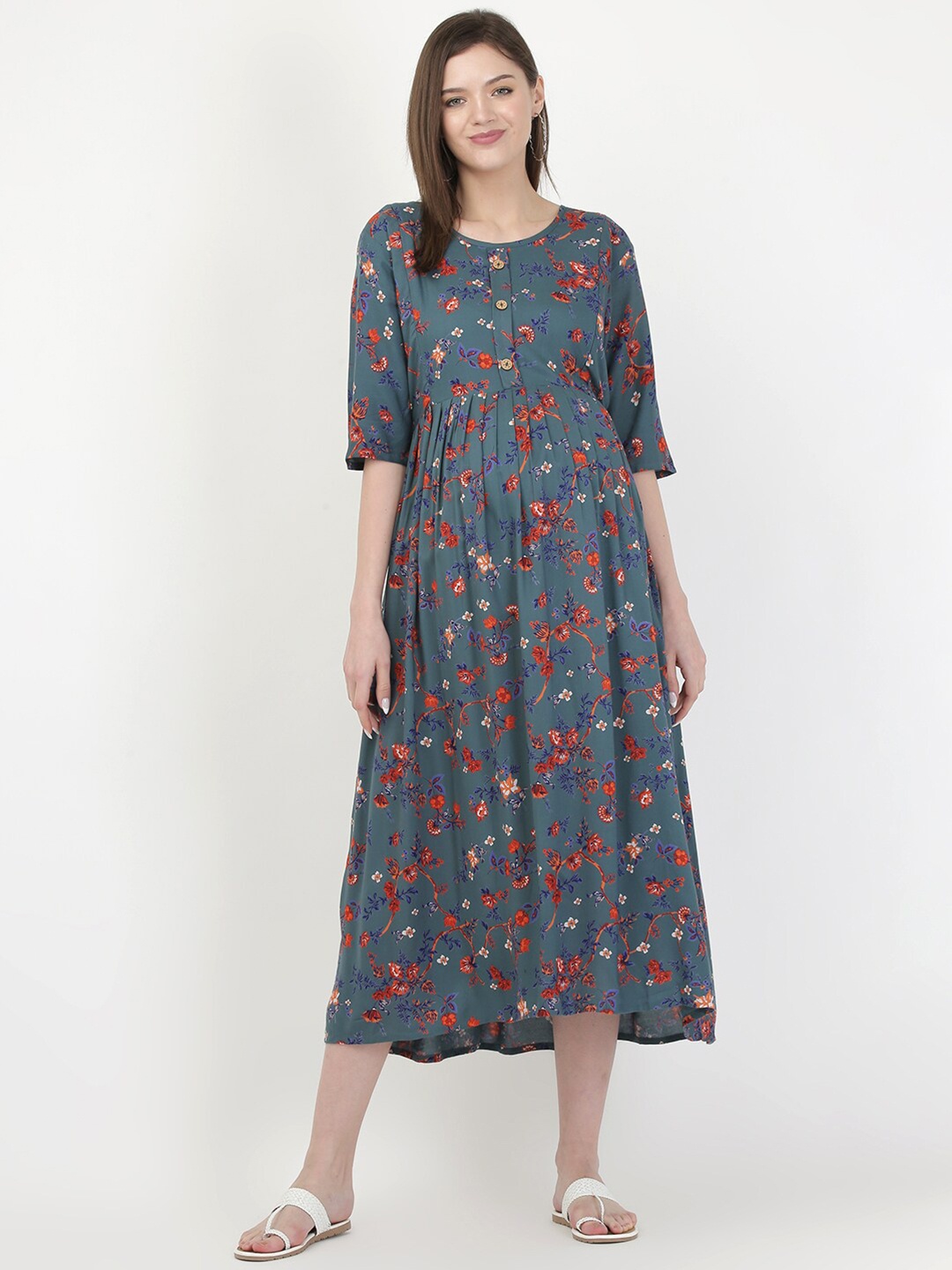 

MYLO ESSENTIALS Women Teal Green Floral Printed Maternity Maxi Dress with Zipper