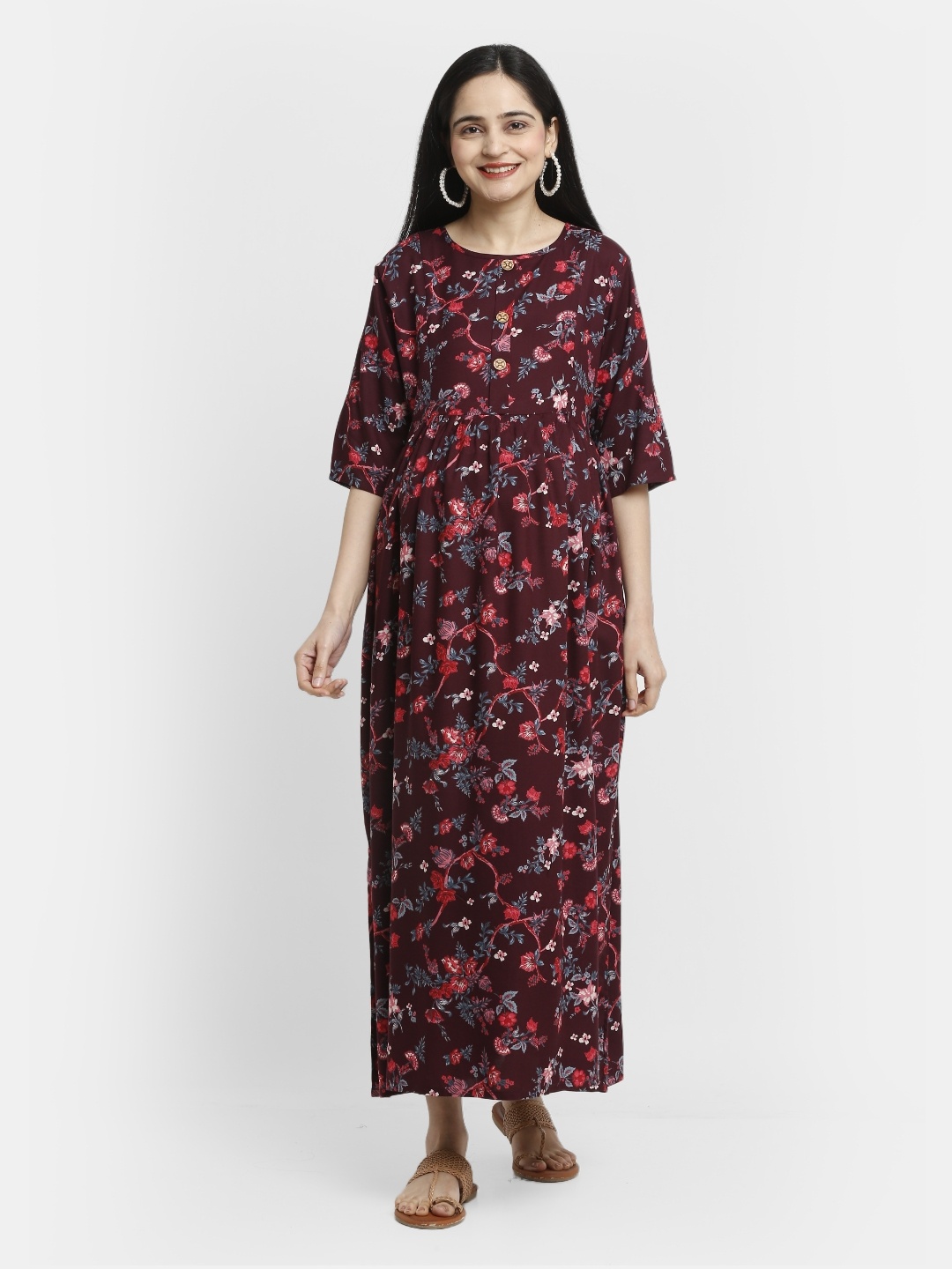 

MYLO ESSENTIALS Women Red Floral Printed Maternity A-Line Maxi Dress