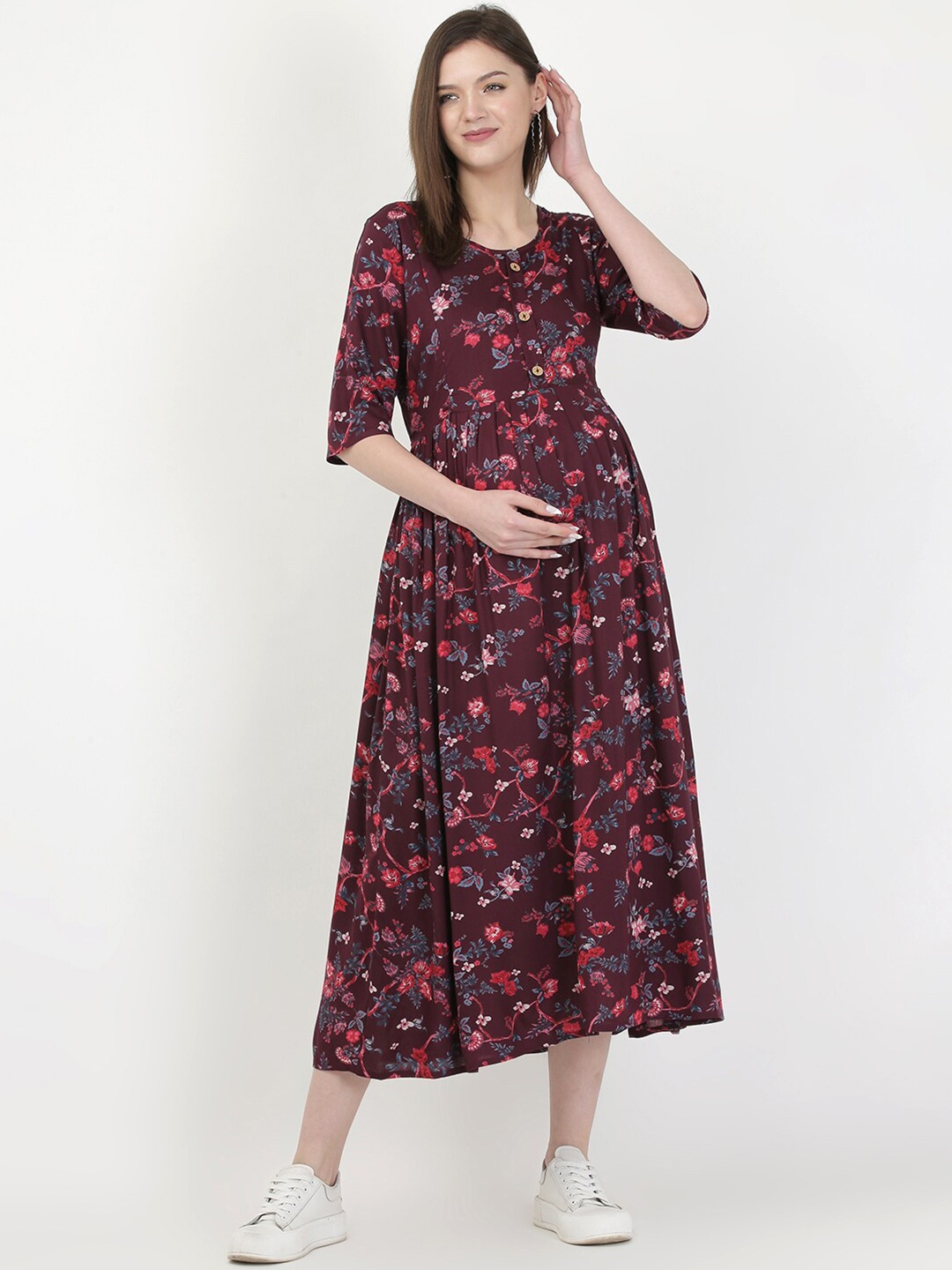 

MYLO ESSENTIALS Maroon & Pink Floral Maternity Maxi Dress with both sides Zipper