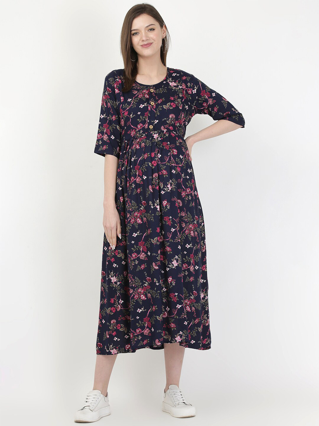 

MYLO ESSENTIALS Navy Blue & Pink Floral Maternity & Nursing Maxi Dress