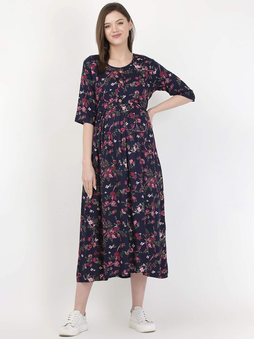 

MYLO ESSENTIALS Navy Blue Floral Printed Maternity & Nursing Maxi Dress