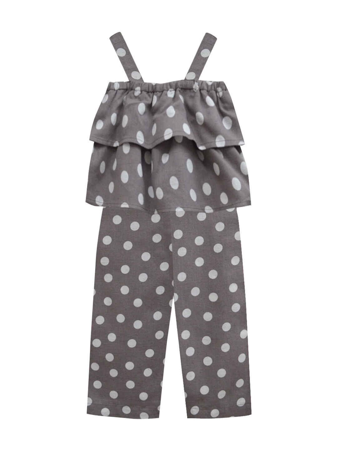 

A.T.U.N. Girls Brown & White Polka Dots Printed Basic Jumpsuit