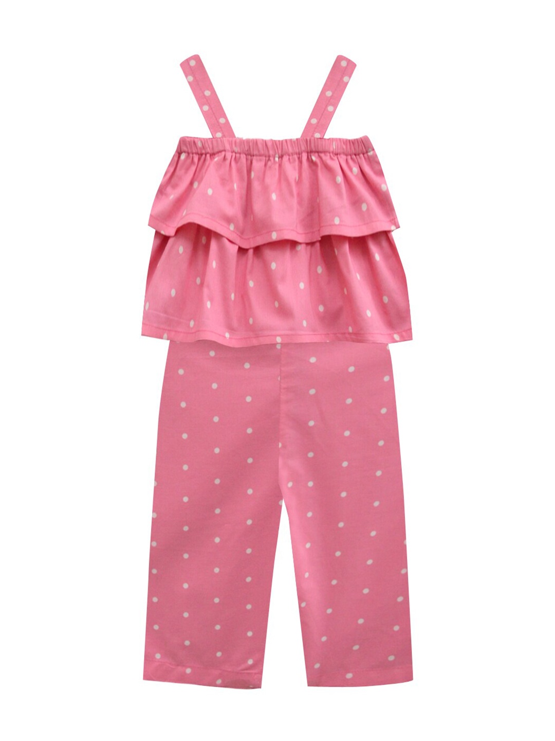 

A T U N Girls Pink & White Polka Dots Printed Cotton Basic Jumpsuit