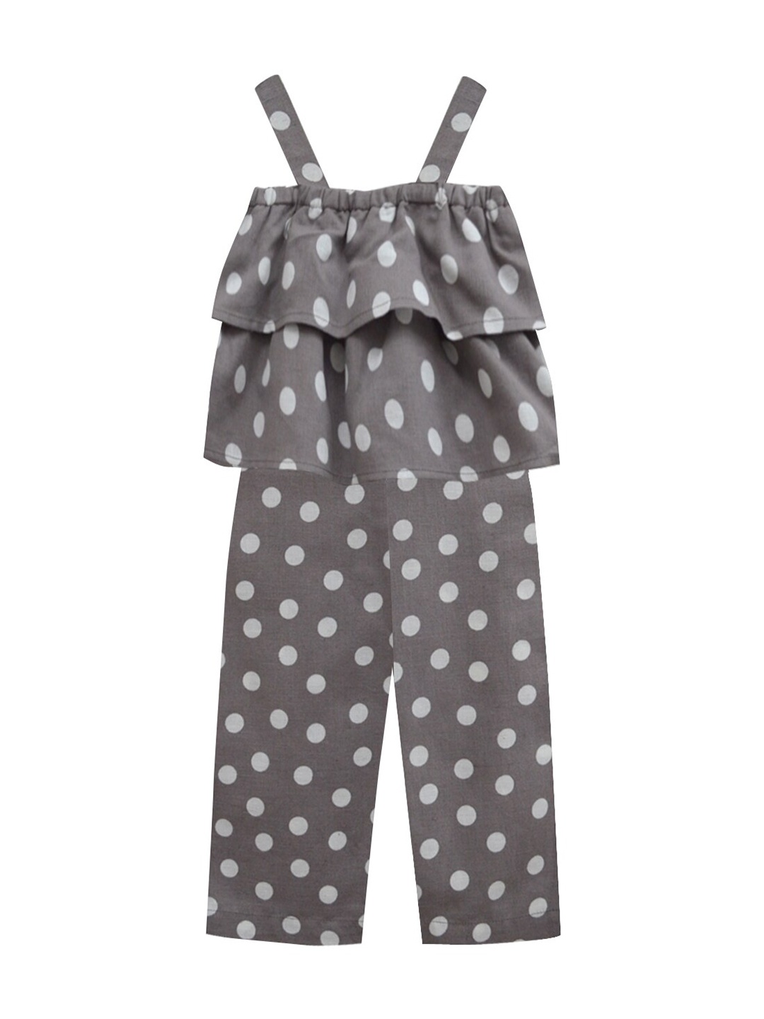 

A.T.U.N. Girls Brown & White Linen Polka Dot Printed Basic Jumpsuit with Ruffles