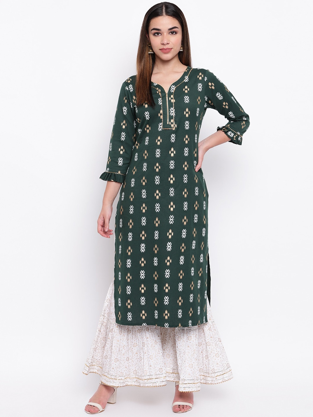

Jaipur Morni Women Green Geometric Printed Thread Work Kurta