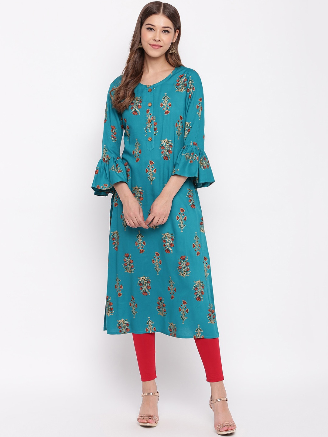 

Jaipur Morni Women Teal Ethnic Motifs Printed Flared Sleeves Kurta