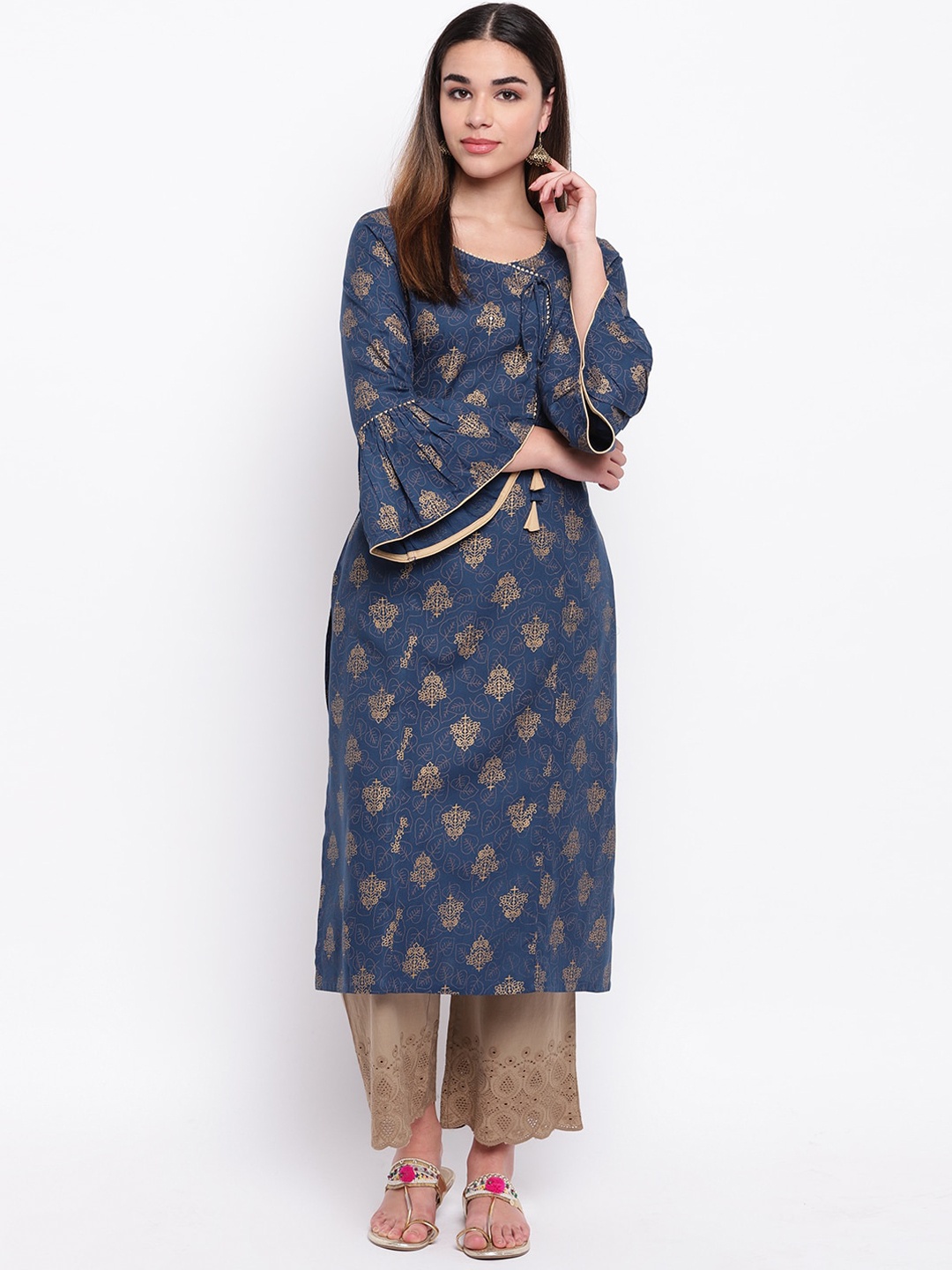 

Jaipur Morni Women Navy Blue Ethnic Motifs Printed Flared Sleeves Mirror Work Kurta