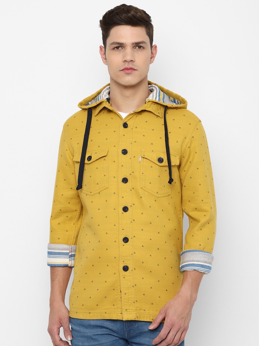 

Louis Philippe Jeans Men Yellow Slim Fit Printed Hooded Casual Shirt