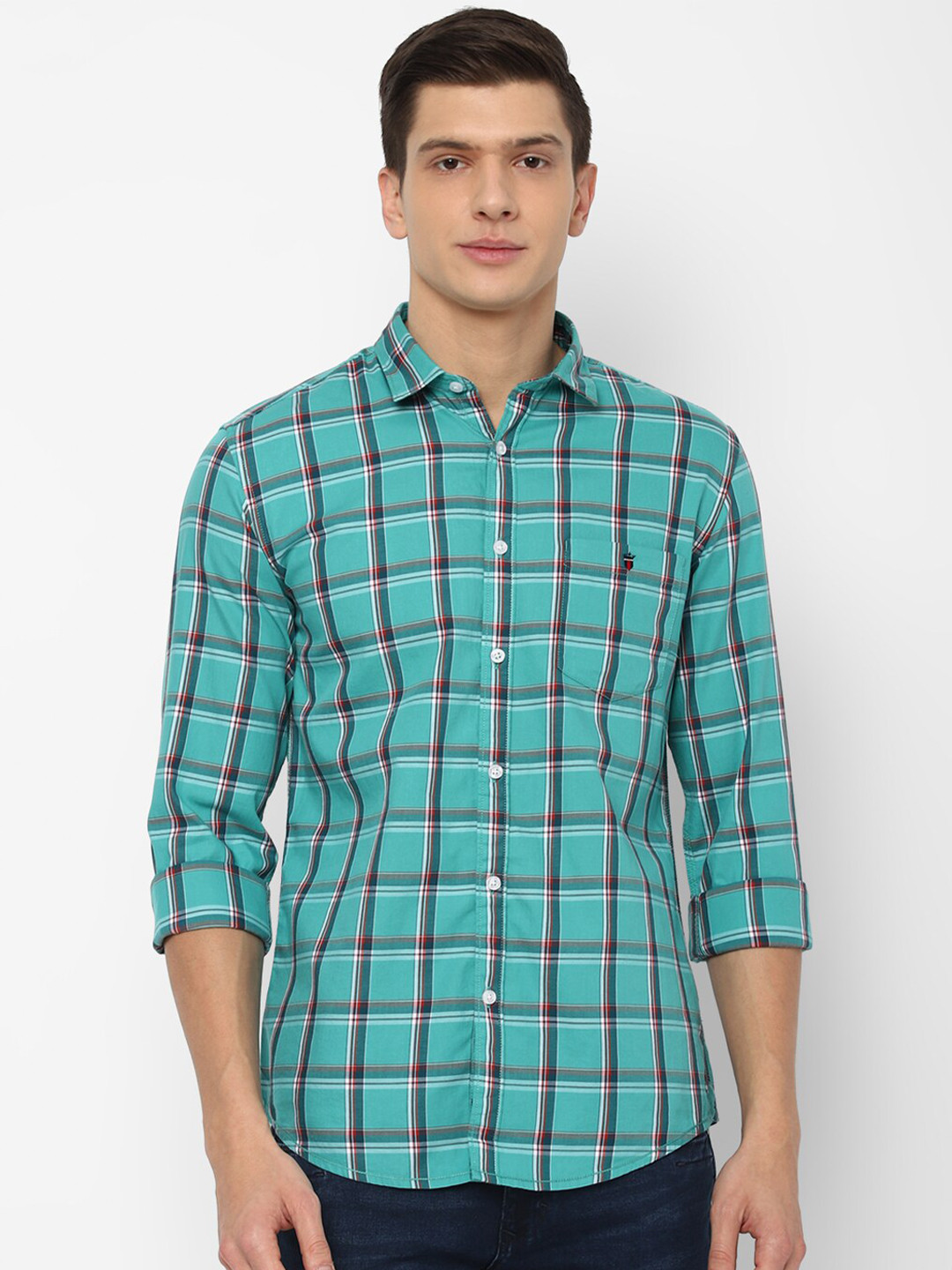 

Louis Philippe Jeans Men Green Slim Fit Tartan Checked Pure Cotton Casual Shirt