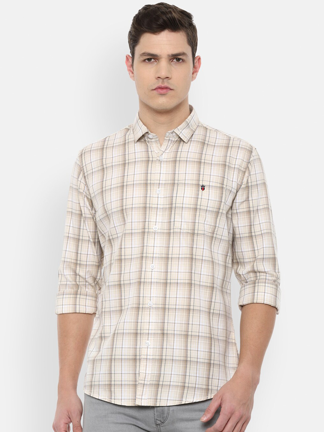 

Louis Philippe Jeans Men Cream-Coloured Slim Fit Checked Casual Shirt