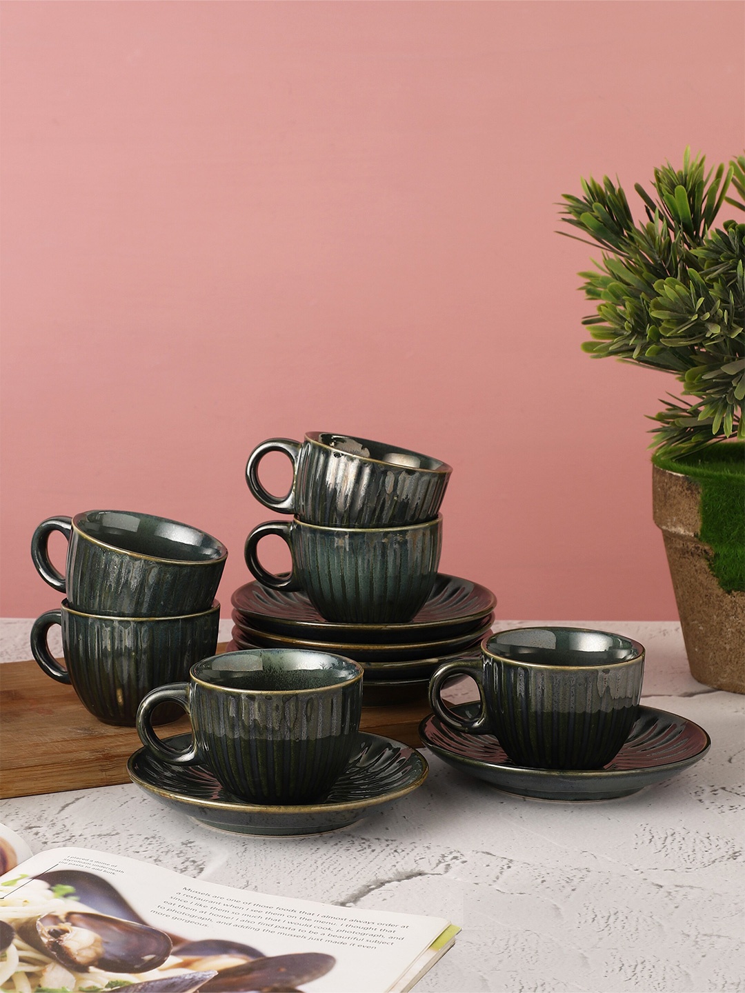 

MIAH Decor Set of 6 Green Handcrafted Textured Ceramic Glossy Cups and Saucers