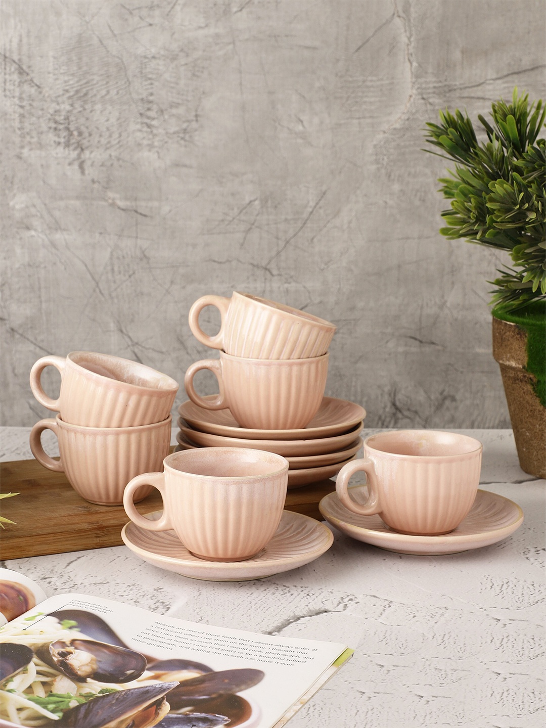 

MIAH Decor Set Of 6 Pink Textured Dishwasher Safe Cups & Saucers