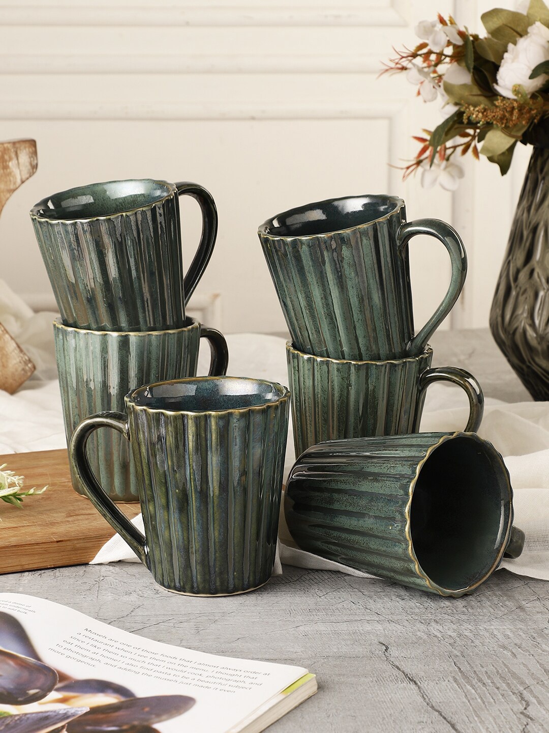 MIAH Decor Set of 6 Green Ceramic Microwave Safe Glossy Cups