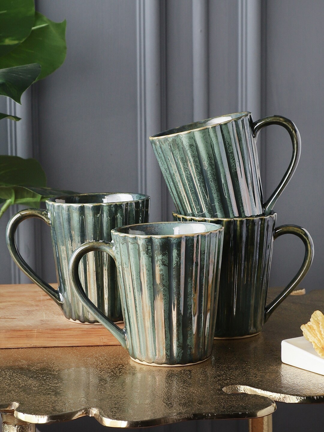 

MIAH Decor Set of 4 Green Handcrafted and Hand Painted Textured Ceramic Matte Mugs