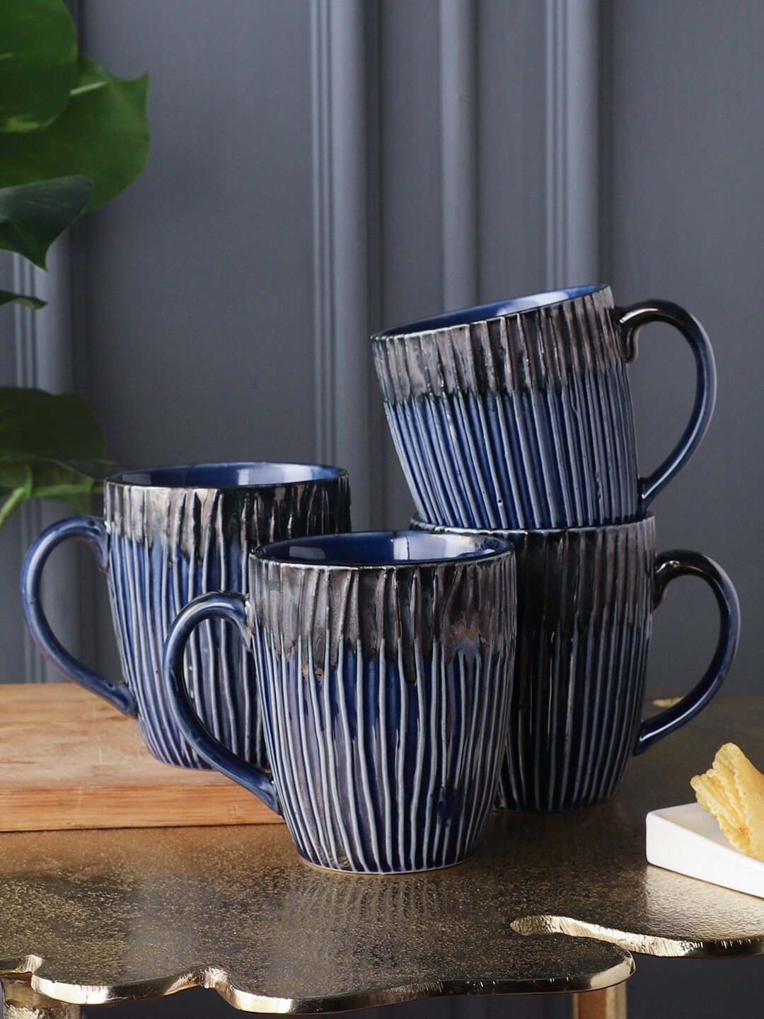 

MIAH Decor Set of 4 Microwave & Dishwasher Safe Studio Pottery Ceramic Royal Blue Mugs