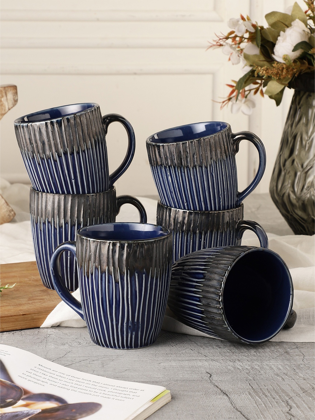 MIAH Decor Set of 6 Blue Textured Ceramic Glossy Mugs
