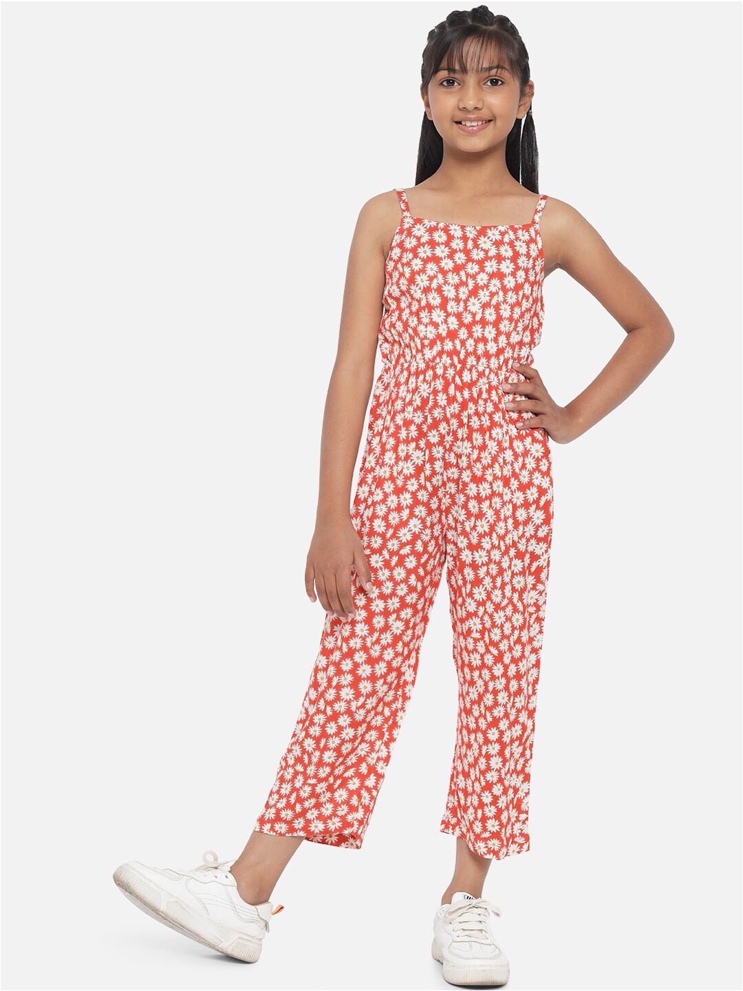 

luyk Girls Orange Floral Printed Jumpsuit