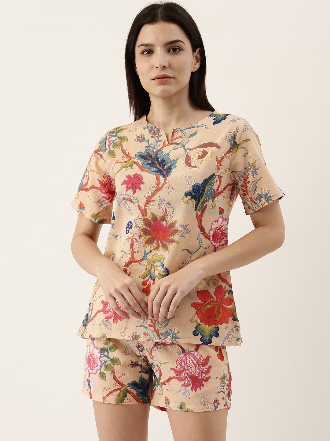

SANSKRUTIHOMES Women Peach-Coloured & Blue Pure Cotton Floral Printed Shorts Set