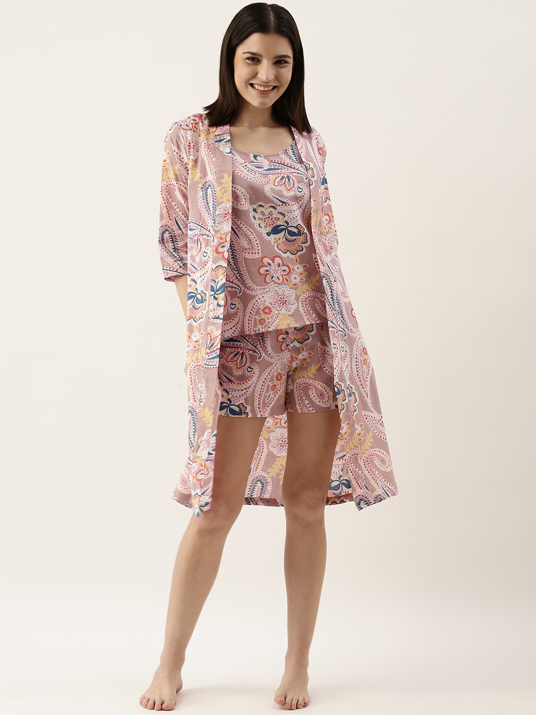 

SANSKRUTIHOMES Women Taupe Pure Cotton Printed 3-Piece Nighsuit