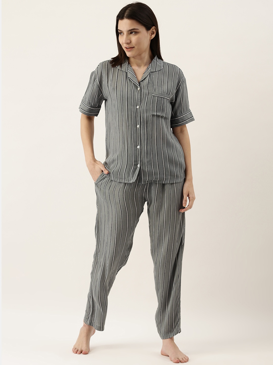 

SANSKRUTIHOMES Women Grey & White Striped Pyjama Set