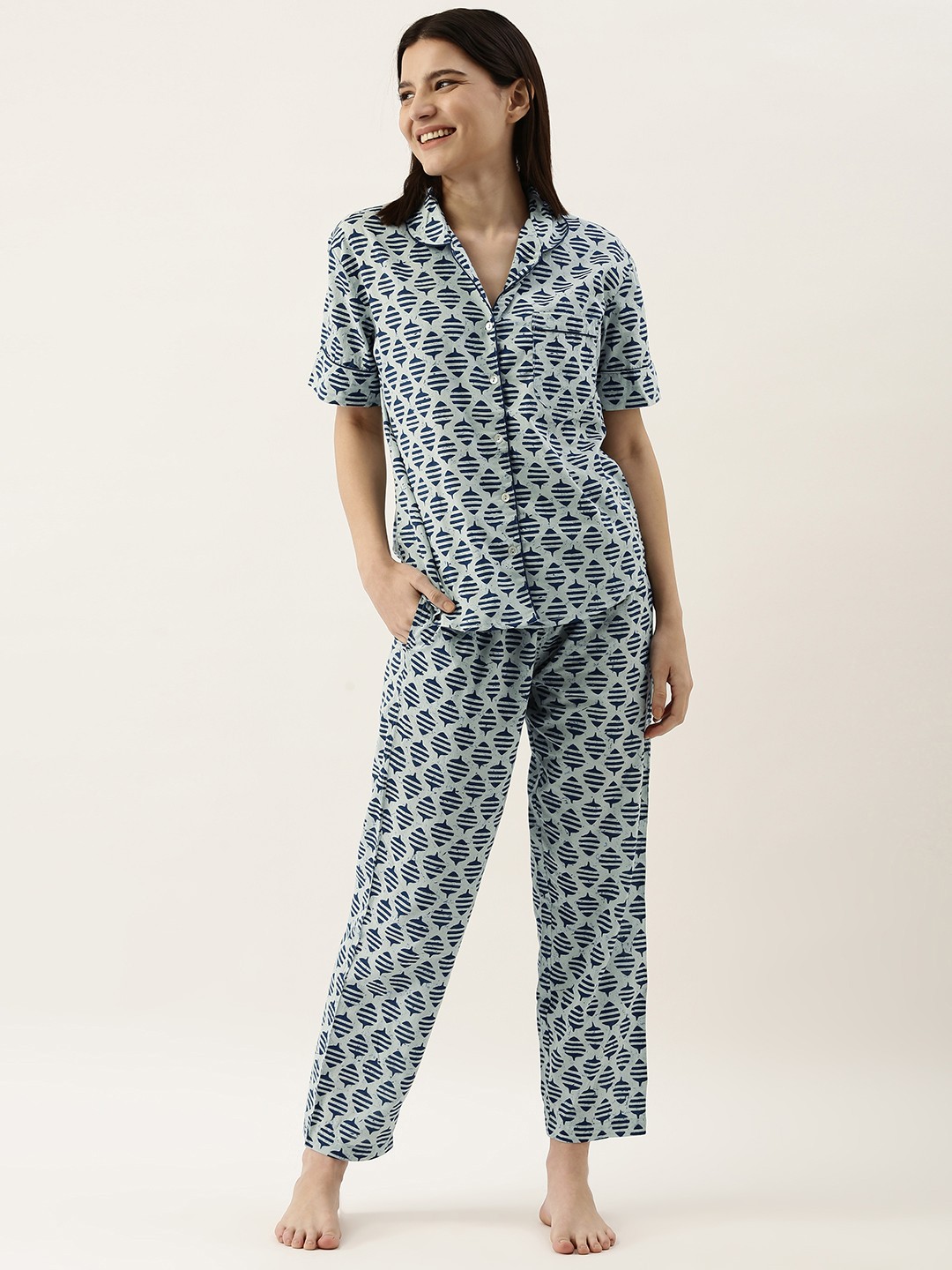 

SANSKRUTIHOMES Women Blue Pure Cotton Printed Pyjama Set