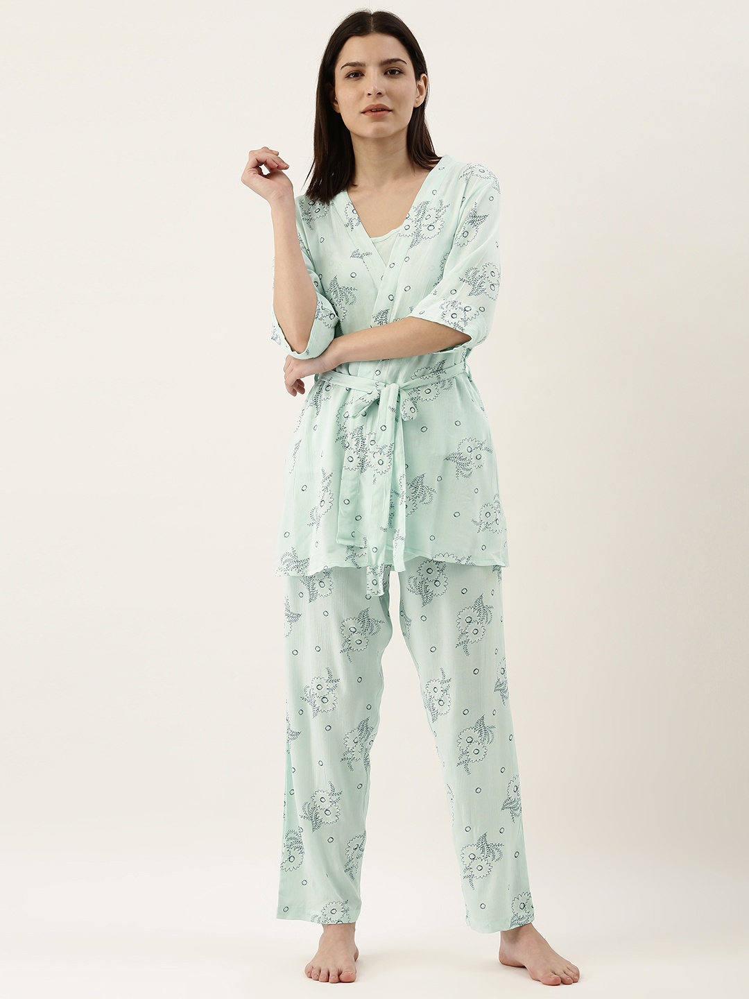 

SANSKRUTIHOMES Women Sea Green & Blue Floral Printed Pyjama Set