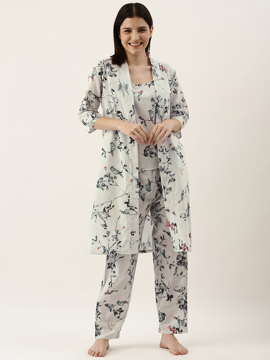 

SANSKRUTIHOMES Women Off White Pure Cotton Printed 3-Piece Nightsuit