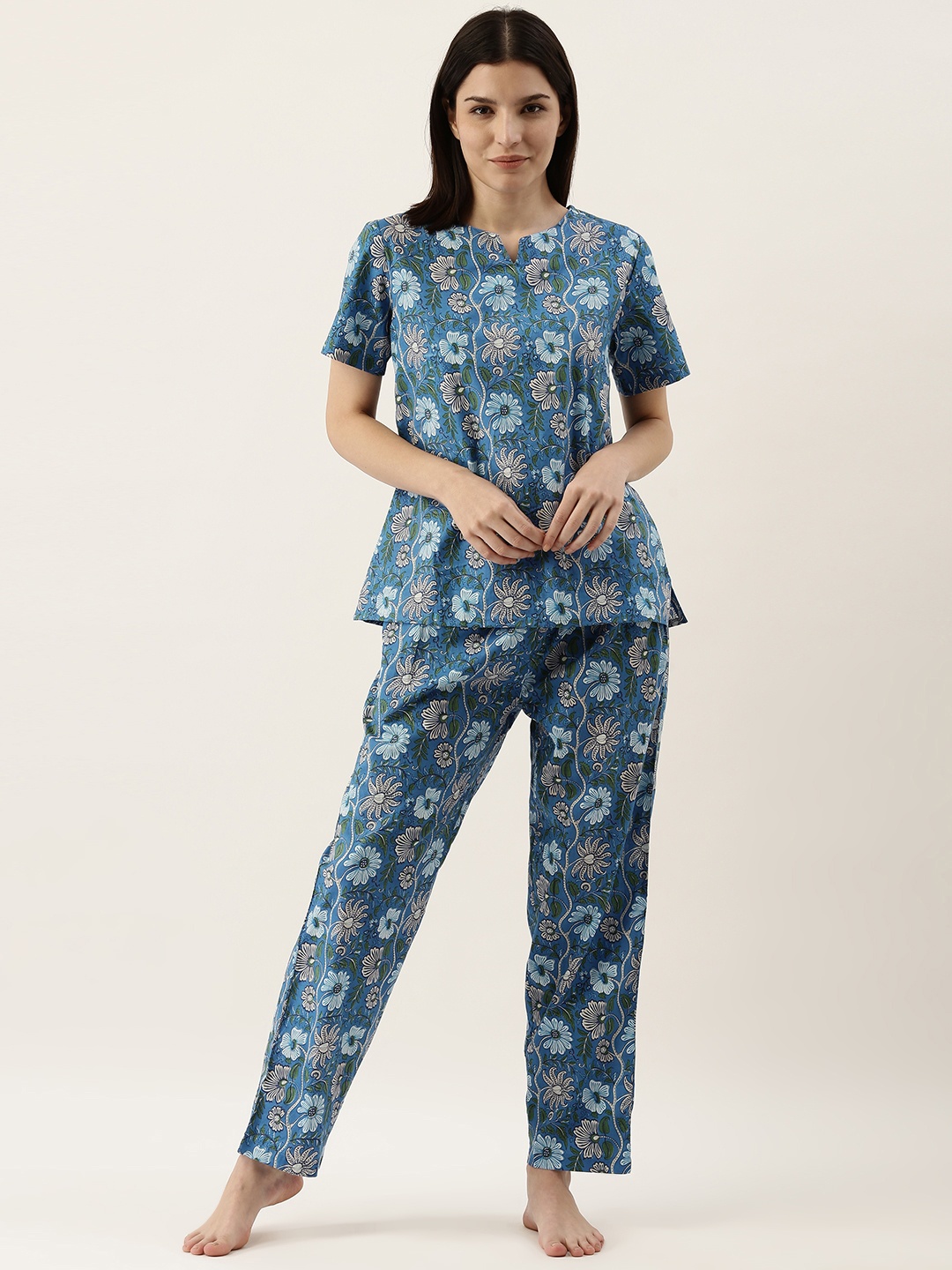 

SANSKRUTIHOMES Women Blue & Green Pure Cotton Ethnic Motifs Printed Pyjama Set