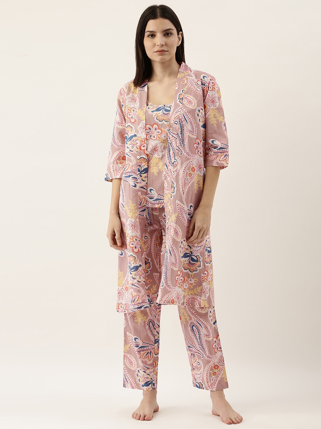

SANSKRUTIHOMES Women Mauve Pure Cotton Printed Pyjama Set