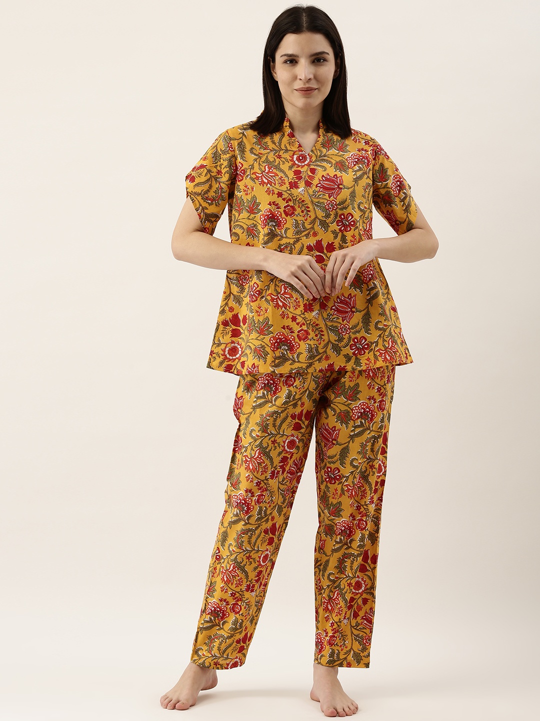 

SANSKRUTIHOMES Women Mustard & Red Pure Cotton Ethnic Motifs Printed Pyjama Set