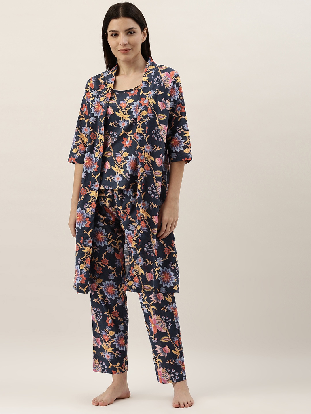 

SANSKRUTIHOMES Women Navy Blue & Red Printed Night suit