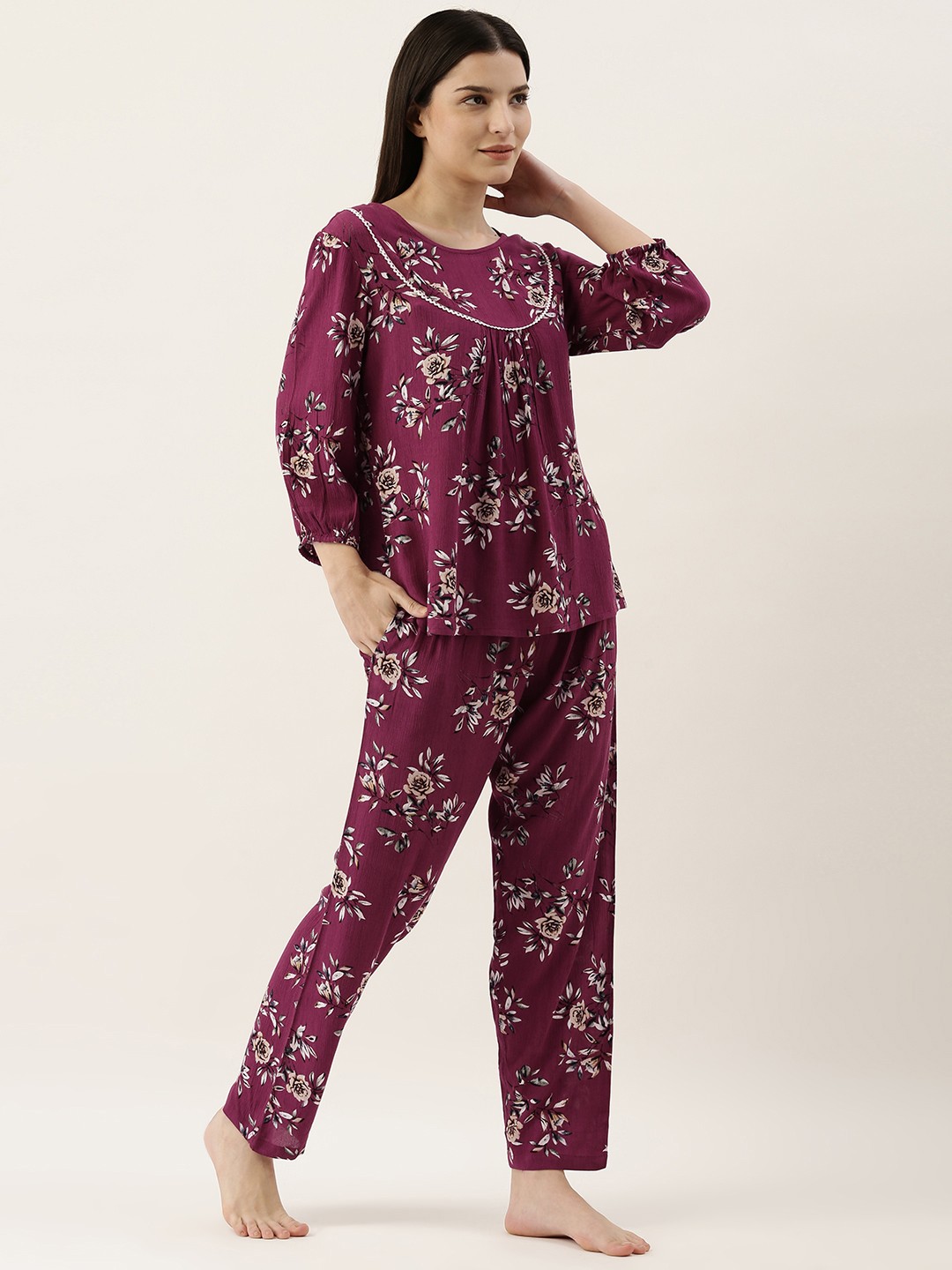 

SANSKRUTIHOMES Women Magenta Floral Print Pyjama Set