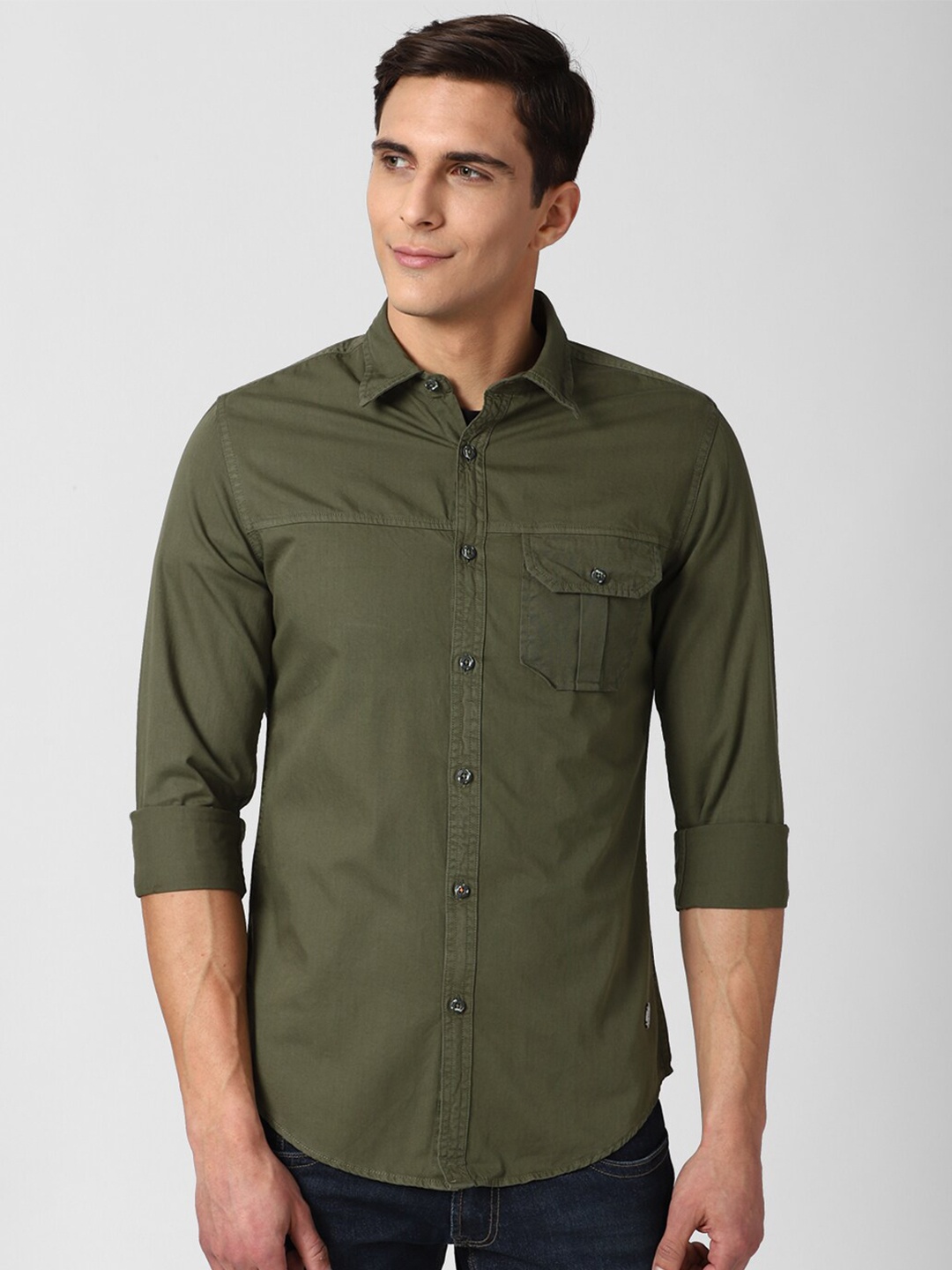 

Peter England Casuals Men Olive Green Slim Fit Casual Shirt