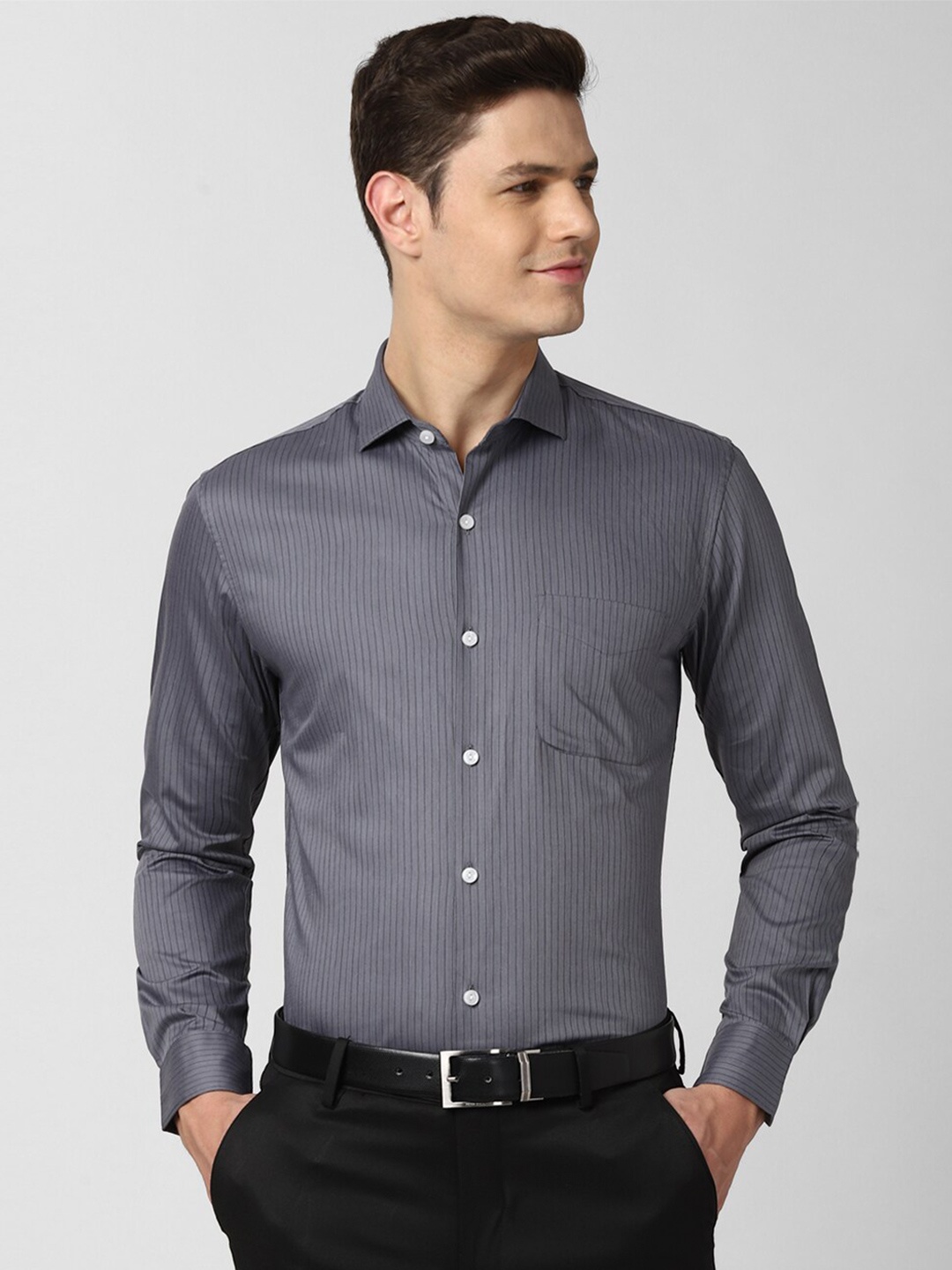 

Peter England Elite Men Grey Slim Fit Striped Cotton Formal Shirt