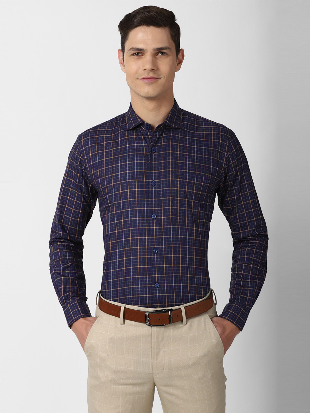 

Peter England Elite Men Navy Blue Grid Tattersall Checked Formal Shirt