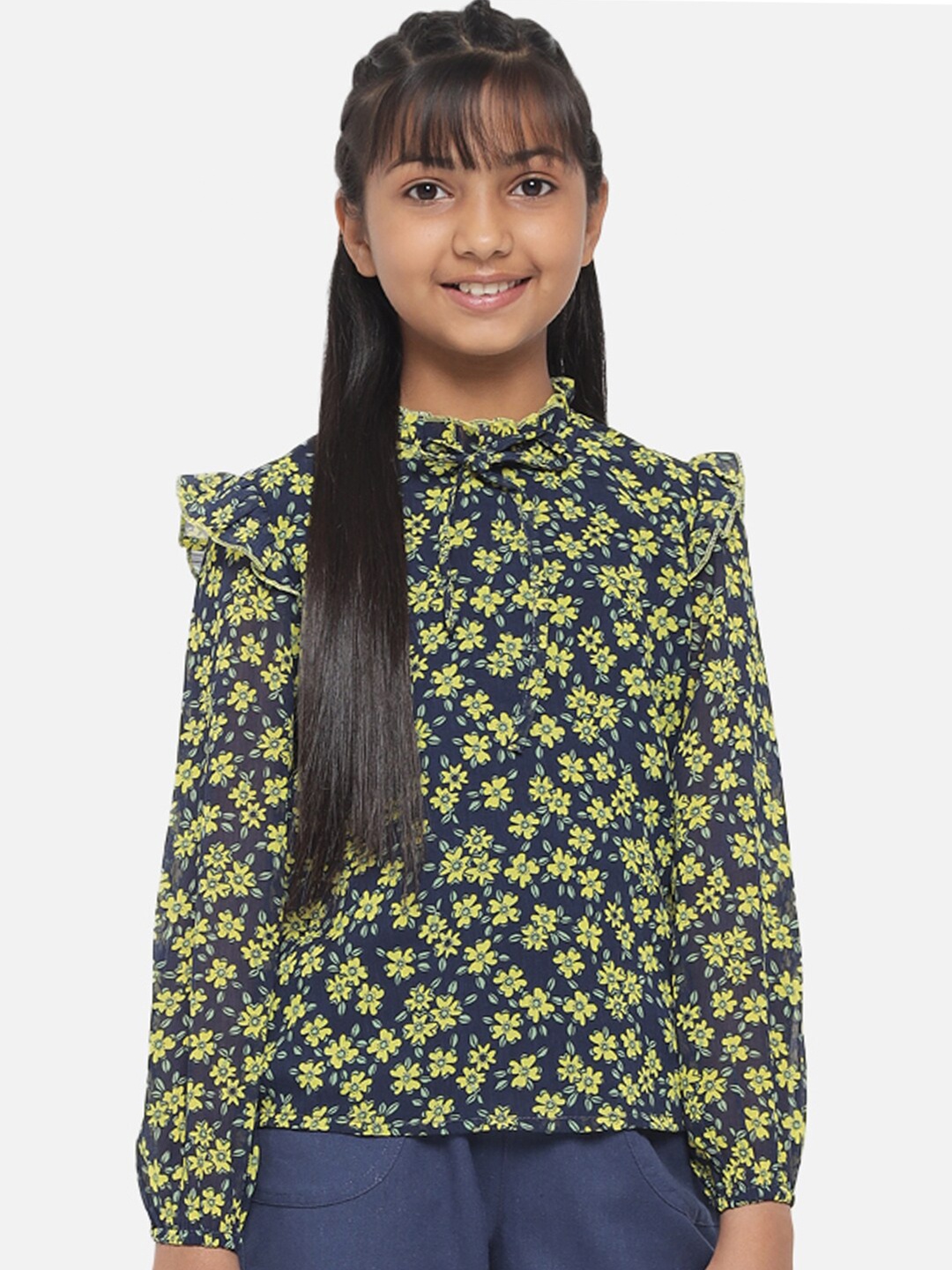 

luyk Girls Blue Floral Printed Georgette Top