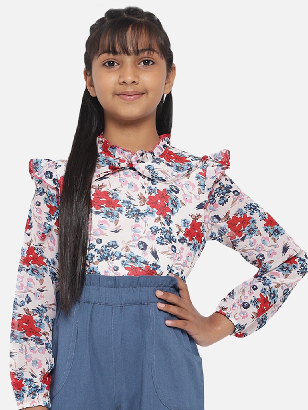 

luyk Girls White & Red Floral Print Top