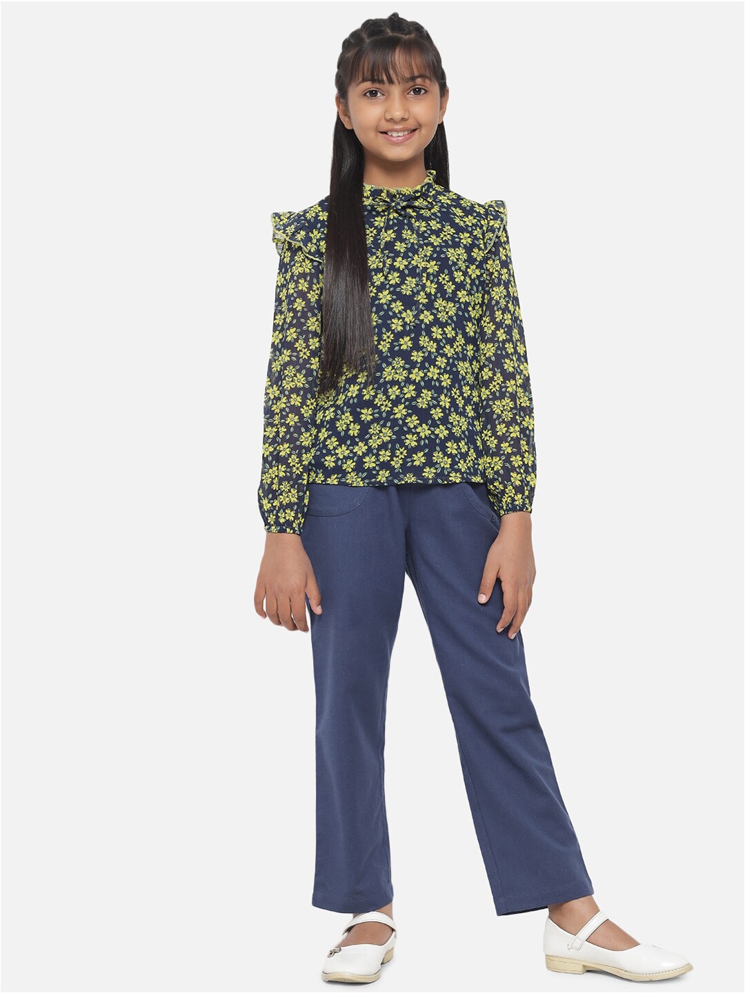 

luyk Girls Navy Blue & Blue Floral Printed Top with Trousers