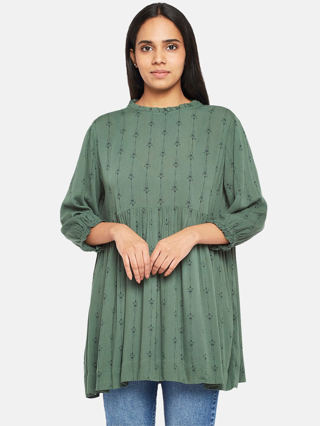 

People Olive Green & Black Viscose Rayon Printed Tunic