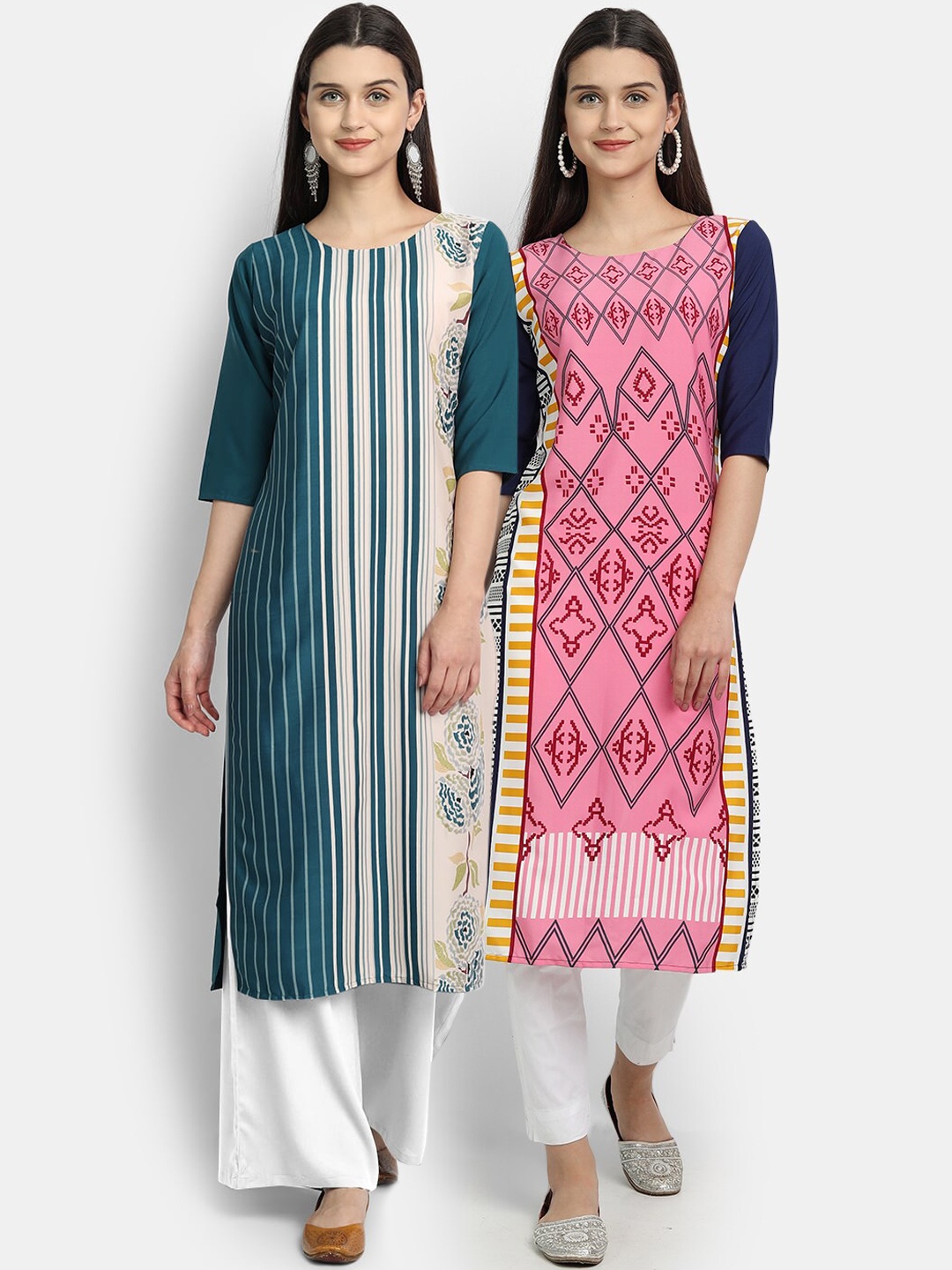 

Ethnic basket Women Set Of 2 Multicoloured Striped Crepe Kurta, Multi