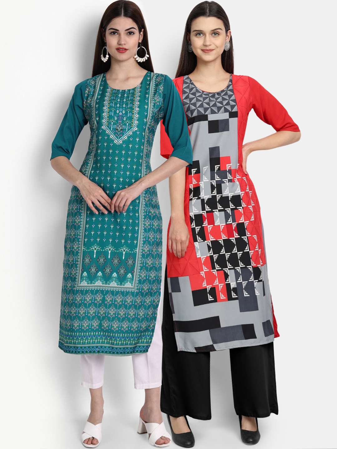 

Ethnic basket Pack Of 2 Floral Printed Straight Kurta, Green