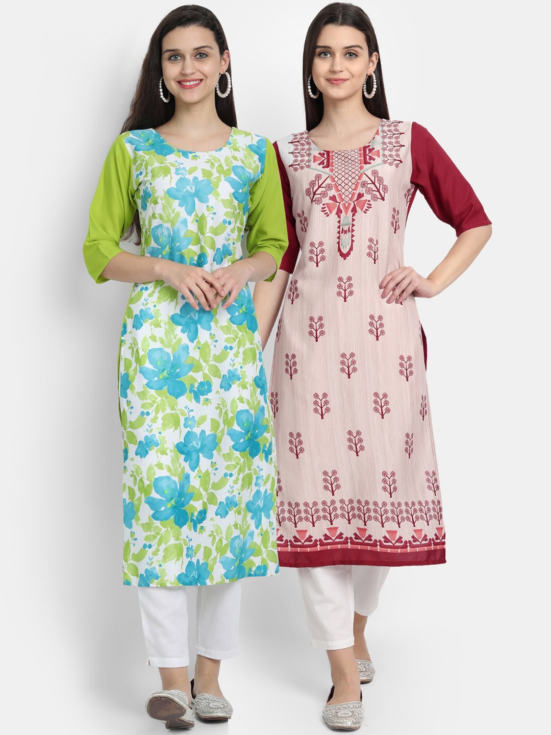 

Ethnic basket Pack of 2 Ethnic Motifs Printed Straight Kurta, Green