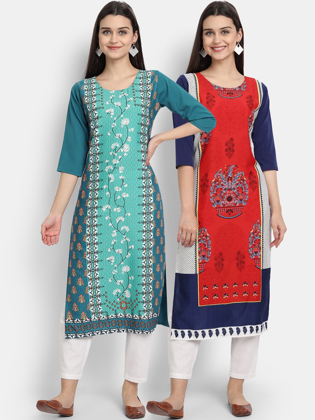 

Ethnic basket Women Pack of 2 Ethnic Motifs Printed Crepe Kurtas, Green