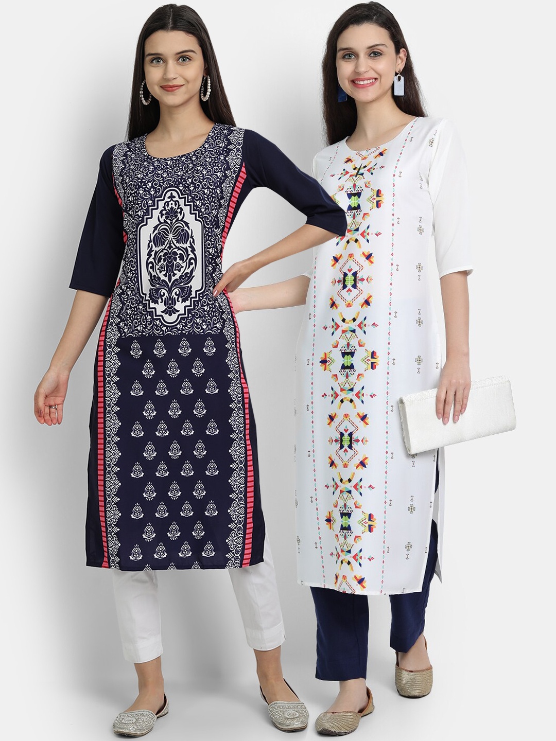 

Ethnic basket Women Pack Of 2 Multicoloured Ethnic Motifs Printed Crepe Kurta, Multi