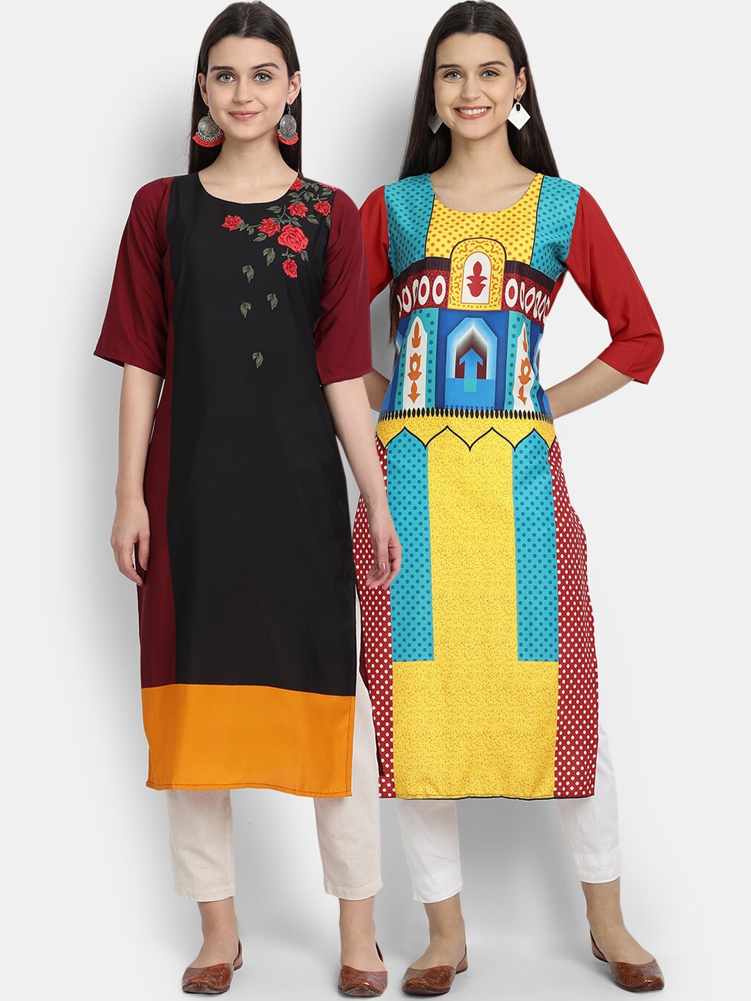 

Ethnic basket Pack of 2 Black & Red Printed Straight Kurta