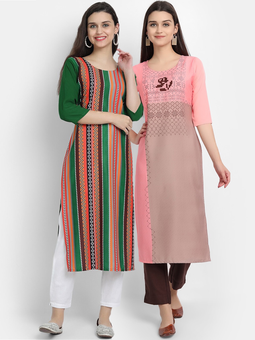 

Ethnic basket Pack of 2 Green & Pink Printed Straight Kurta