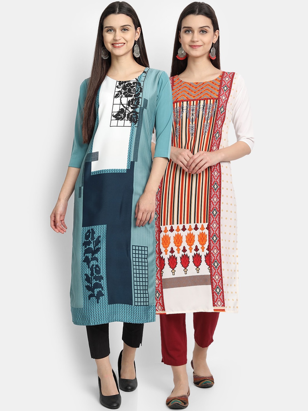 

Ethnic basket Women Pack Of 2 Multicoloured Ethnic Motifs Printed Crepe Kurta, Multi