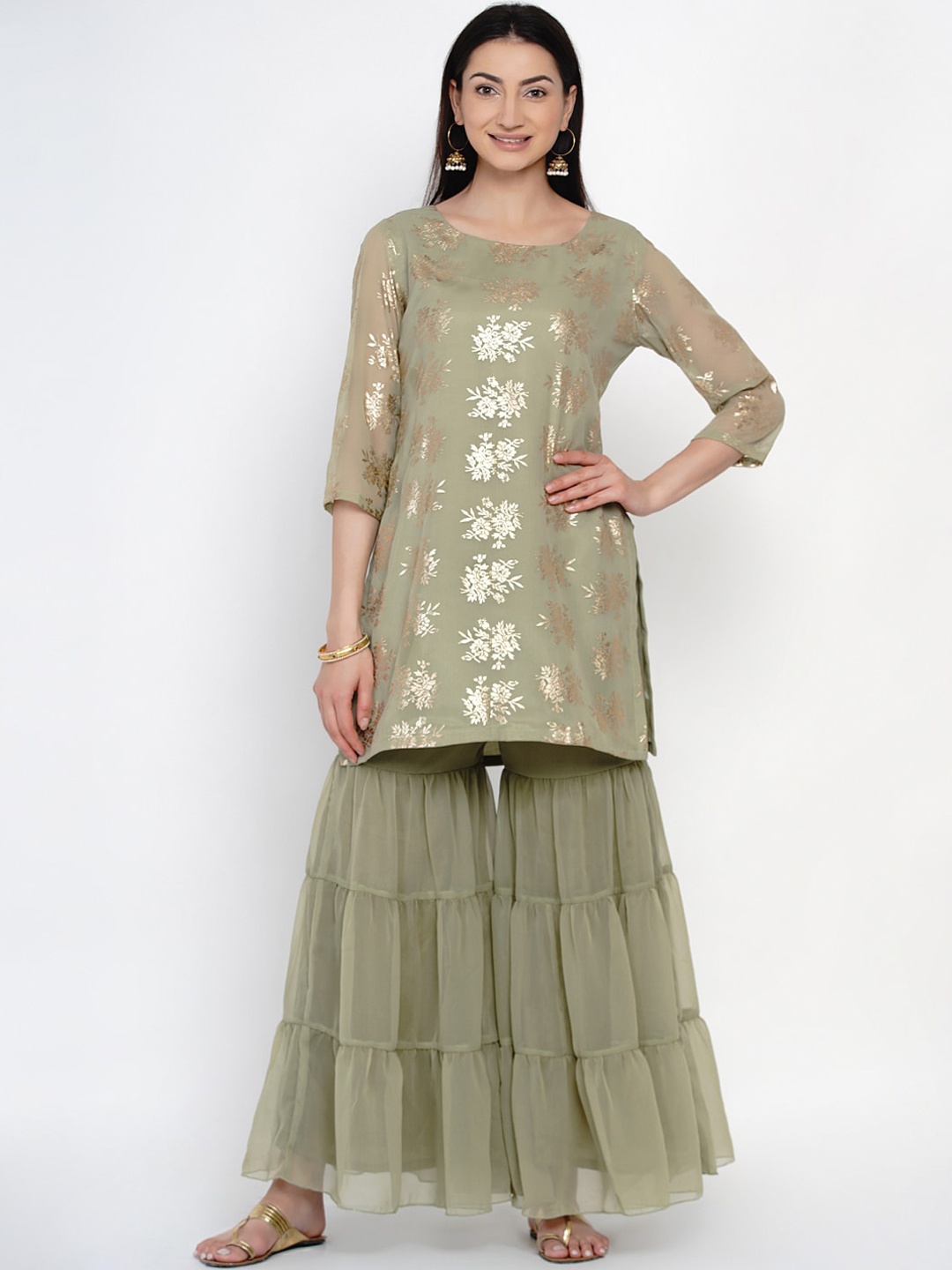 

Women Republic Women Green Floral Embroidered Layered Kurti with Sharara